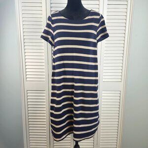 Talbots Y2K Striped Dress Medium Navy Blue Beige Cotton